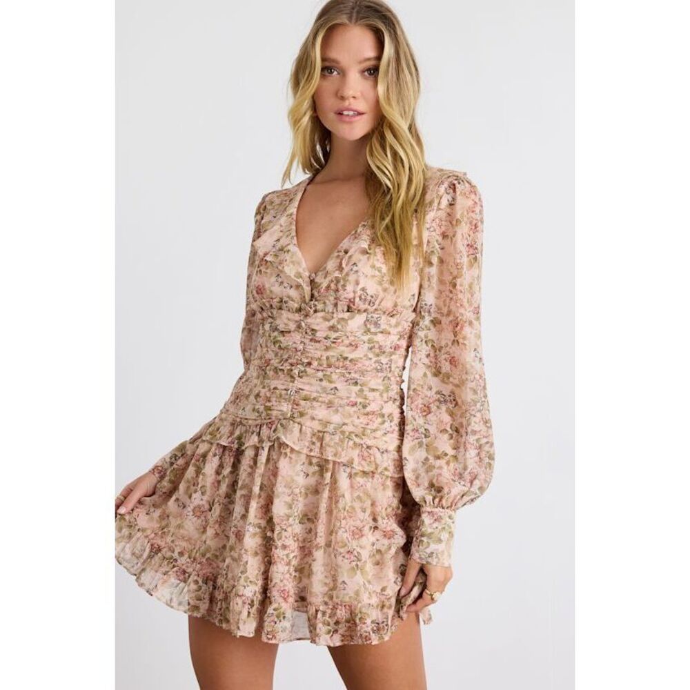 Lulus Ismini Blush Multi Floral Long Sleeve Mini Dress Pink - Size L - Picture 1 of 4